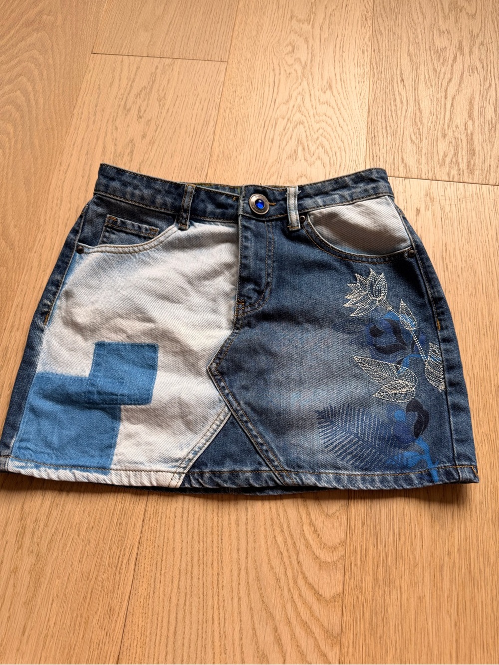 Desigual Denim Patchwork Mini Skirt with Floral Embroidery - Blue